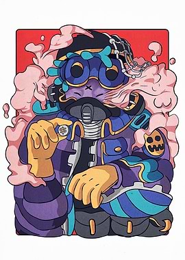 Stylized Character with Gas Mask and Coin