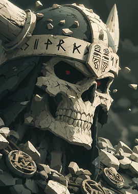 Stone Viking Skull with Runes