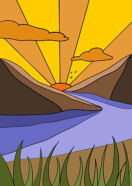 Cartoon Sunset Landscape with River