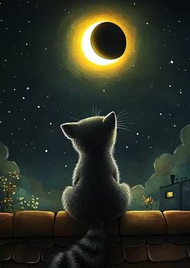 Cat Watching Solar Eclipse Painting