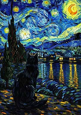 Starry Night Cat Painting