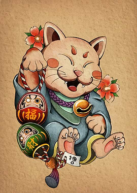 Maneki Neko with Daruma Dolls
