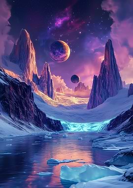 Neon cosmic glacier planet landscape