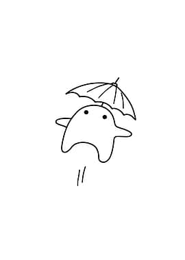 Cute Ghost with Umbrella Minimalist Line Art