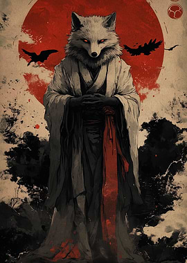 Fox Spirit in Kimono with Red Moon