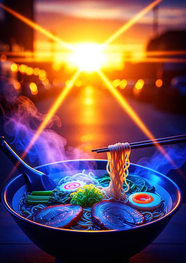 Steaming Ramen Bowl Sunset