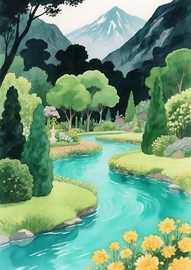 Serene River Landscape with Mountain Backdrop