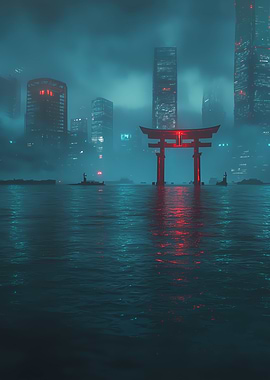 Cyberpunk Cityscape with Torii Gate