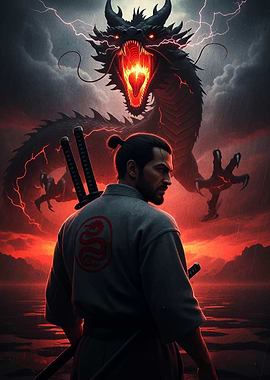 Samurai and Dragon in Stormy Landscape