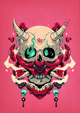 Cyberpunk Oni Skull Illustration