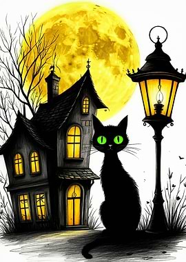 Halloween Night: Black Cat and Haunted House