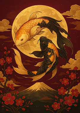 Koi Fish and Mount Fuji Art