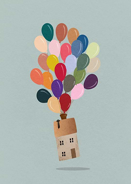 House Floating with Balloons Illustration