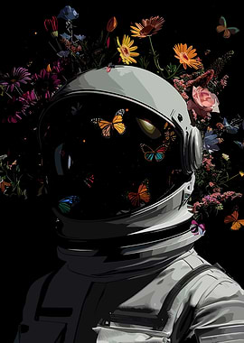 Astronaut in Space with Flowers and Butterflies