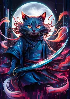 Samurai Cat with Katana and Moon