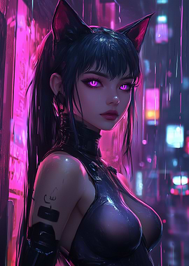 Cyberpunk Catgirl in Neon Cityscape