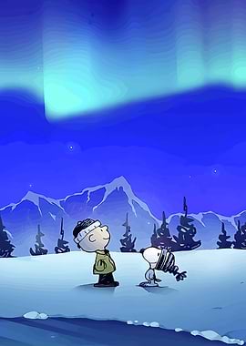 Charlie Brown and Snoopy under Aurora