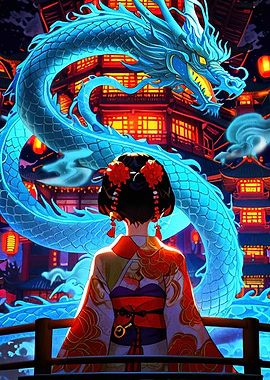 Anime Girl with Dragon and Pagodas