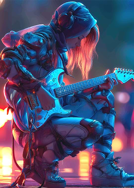 Cyberpunk Guitarist with Fiery Hair