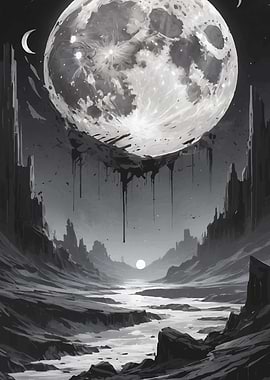 Monochrome Moonlit Landscape with Dripping Elements