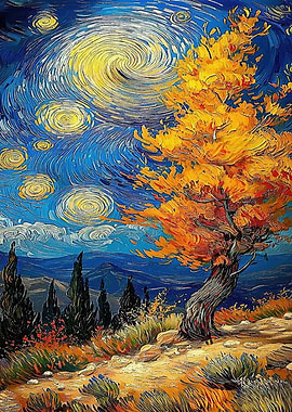 Starry Night Landscape with Autumn Tree