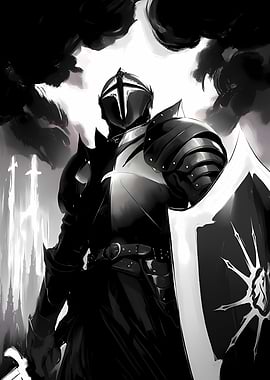 Monochrome Knight with Shield Illustration