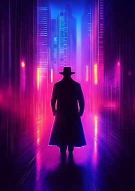 A cyberpunk detective in a neon-lit rainy cityscape