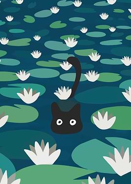 Black Cat in Lily Pond Illustration