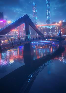 Cyberpunk Cityscape with Bridge Reflection