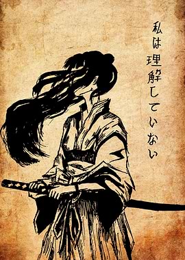 Samurai Girl with Katana Ink Drawing
