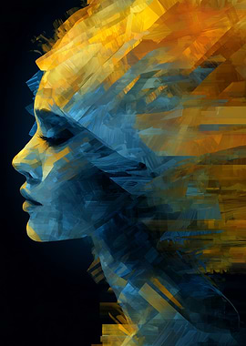 Abstract Woman Portrait in Blue and Gold