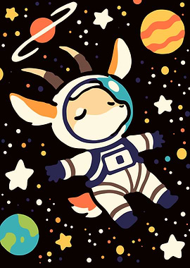 Goat Astronaut in Space Cartoon