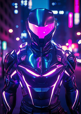 A cyberpunk bounty hunter in a neon-lit city