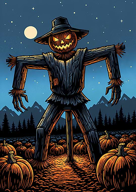 Vintage Halloween Scarecrow in Pumpkin Patch