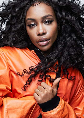 sza portrait in orange jacket