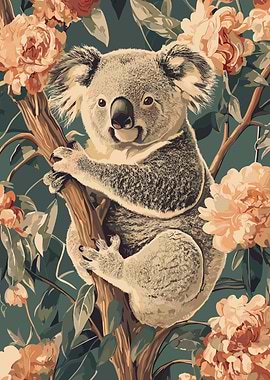 Koala in Floral Tree Illustration