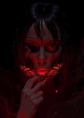 Eerie Portrait with Butterfly and Red Glow