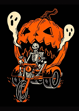 Halloween Skeleton on Motorcycle with Pumpkin