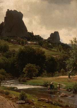 Landscape Painting with Figures Crossing Stream