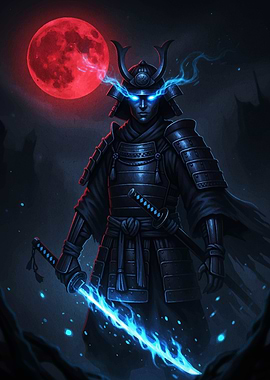 Samurai Warrior with Glowing Sword and Moon