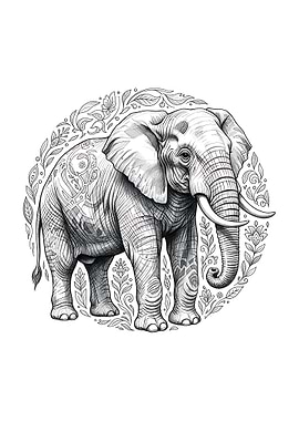 Elephant with Floral Ornament Illustration