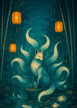 Nine-tailed fox in bamboo forest