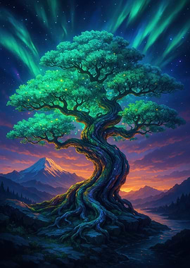 Mystical Tree with Aurora Borealis