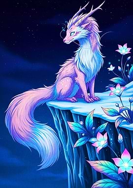 Fantasy Creature on Cliff with Flowers