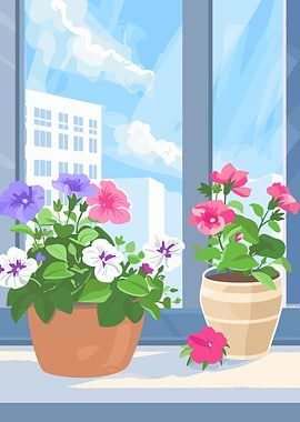 Window with Flowers and City View