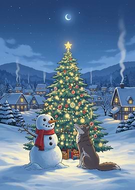 Christmas Night with Snowman and Wolf