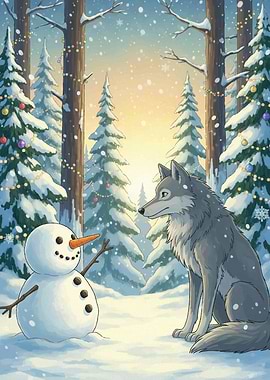 Wolf and Snowman in Winter Forest