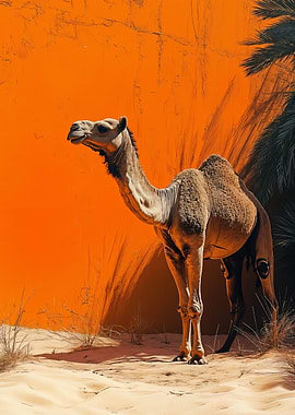 Camel Portrait Against Orange Wall