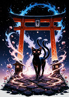 Nekomata Cat at Torii Gate Cherry Blossom Sakura Japan