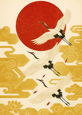 Japanese Cranes Flying Under Red Sun